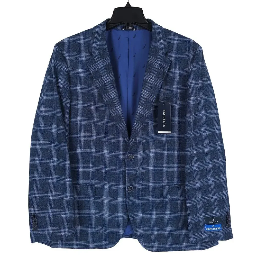 Nautica Mens Modern Fit Sport Coat Blazer 44S Navy Blue Plaid Stretch NWT